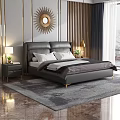 Modern Elegant Double Bed Interior With Leather Headboard Nightstand Table Lamp Decorative Mirror And Rug
