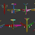 Various Airplane Models Displayed In Different Styles On Black Background 3d model