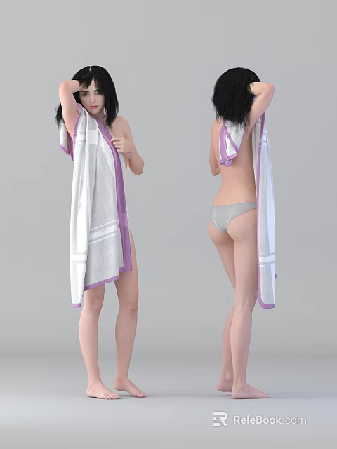 Woman Wearing Soft Towel And Underwear In Front And Back View 3d model 
