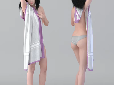 Woman Wearing Soft Towel And Underwear In Front And Back View 3d model