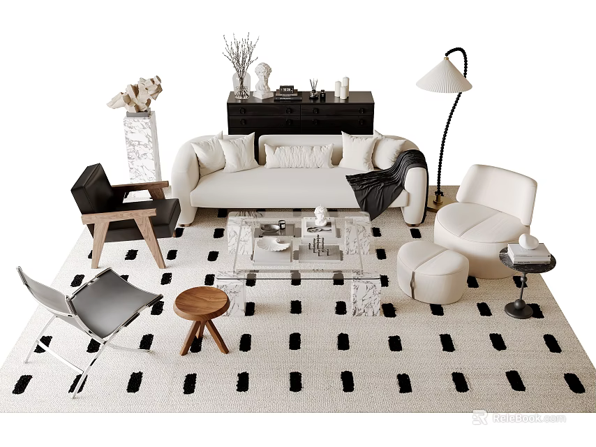 Modern Sofa Coffee Table Set With Black White Patterned Rug And Floor Lamp 3d model 