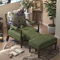 Green Casual Sofa Set with Floral Pillow Yellow Throw and Ottoman on Wooden Floor Rug
