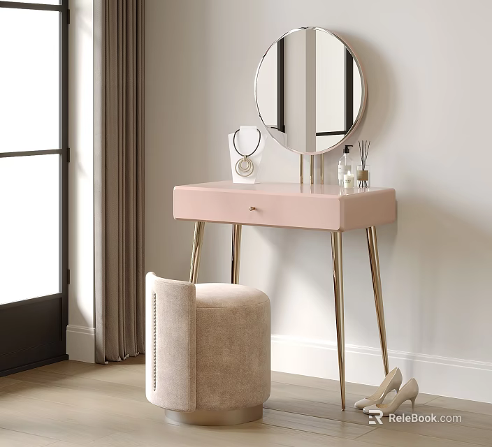 Pink Vanity Table with Gold Legs Round Mirror and Beige Stool Decorative Items 3d model 