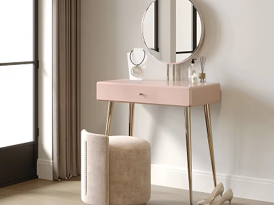 Pink Vanity Table with Gold Legs Round Mirror and Beige Stool Decorative Items 3d model