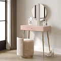 Pink Vanity Table with Gold Legs Round Mirror and Beige Stool Decorative Items