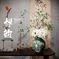 Zen Style Decorative Ornament Set with Red Bird Green Vase White Flowers and Golden Deer