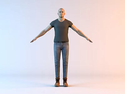 Man Wearing Dark Gray T shirt Blue Jeans And Brown Boots 3d model