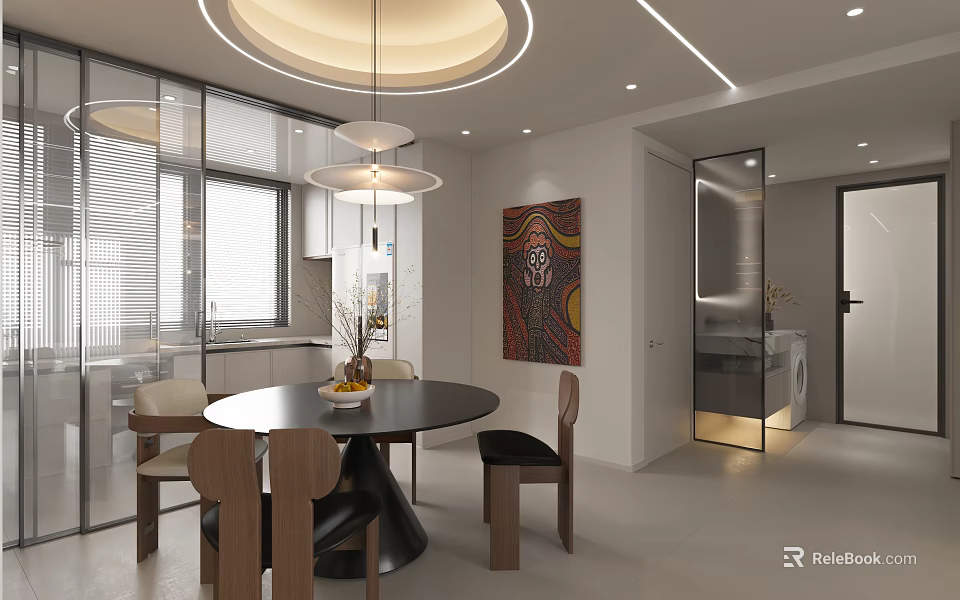 Modern Restaurant Interior With Round Dining Table Chairs Pendant Light Windows And Decorative Artwork 3d model 