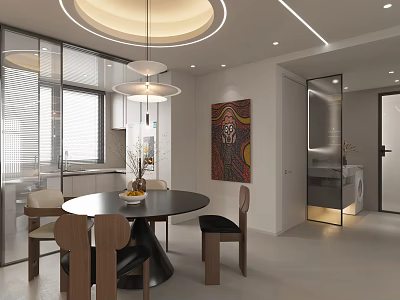 Modern Restaurant Interior With Round Dining Table Chairs Pendant Light Windows And Decorative Artwork 3d model
