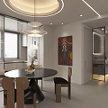 Modern Restaurant Interior With Round Dining Table Chairs Pendant Light Windows And Decorative Artwork