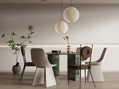 Modern Restaurant Interior With Marble Dining Table Unique Chairs Round Pendant Lights And Green Plant 3d model