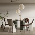 Modern Restaurant Interior With Marble Dining Table Unique Chairs Round Pendant Lights And Green Plant