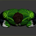 Humanoid Superhero Character in Green Black Suit with Chest Emblem Standing on Gray Background