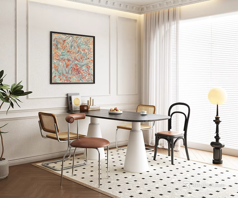 Modern Dining Table Set With Mix of Chairs Artwork Rug And Floor Lamp 3d model 
