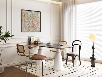 Modern Dining Table Set With Mix of Chairs Artwork Rug And Floor Lamp 3d model