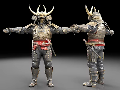 Man in Samurai Armor With Horned Helmet Black Gold Red Sash Sword Front Back Views 3d model