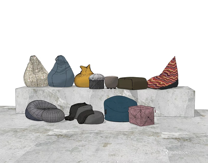 Bean Bag Chairs With Various Colors And Different Shapes On 3d model