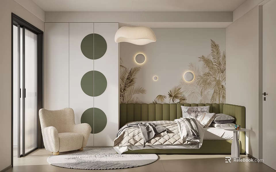 Kids Room Interior With Green Circular Wall Decor Palm Leaf Wall Art And Cozy Armchair 3d model 