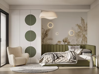 Kids Room Interior With Green Circular Wall Decor Palm Leaf Wall Art And Cozy Armchair 3d model