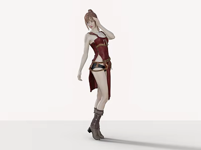 Woman In Red Strappy Outfit With High Boots And Ponytail Hairstyle Posing 3d model