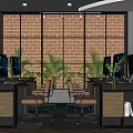 Modern Public Office Space With Brick Wall Backdrop Green Plants Computers And Workstations 3d model