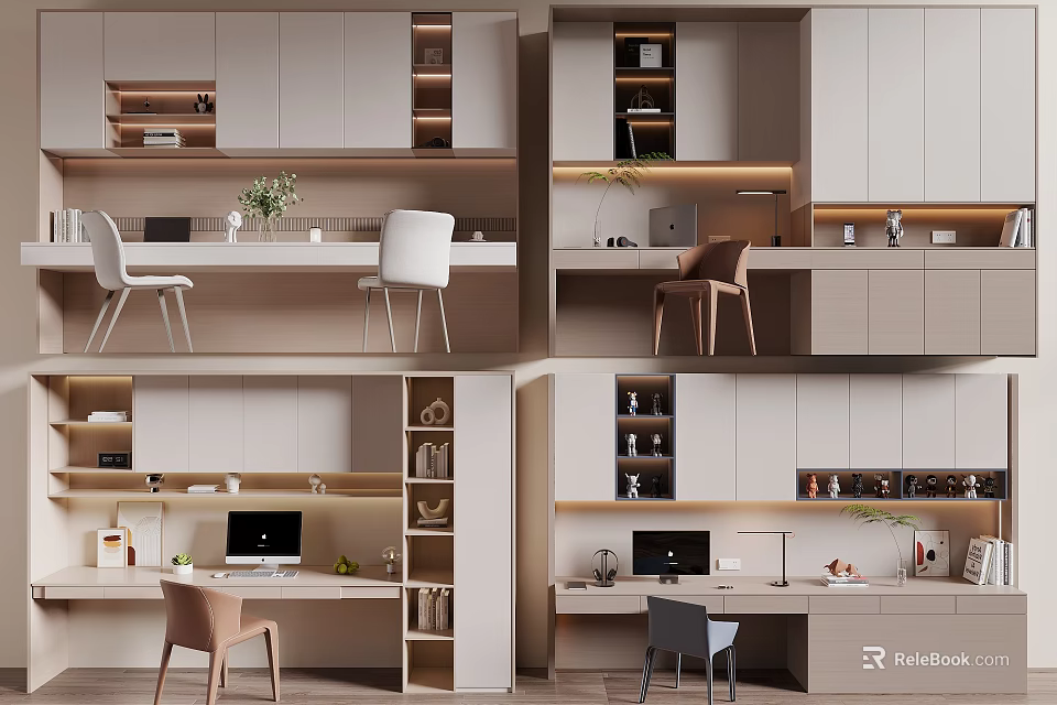 Modern Home Office Desk and Chair Set with Bookshelves Computer and Green Plants 3d model 