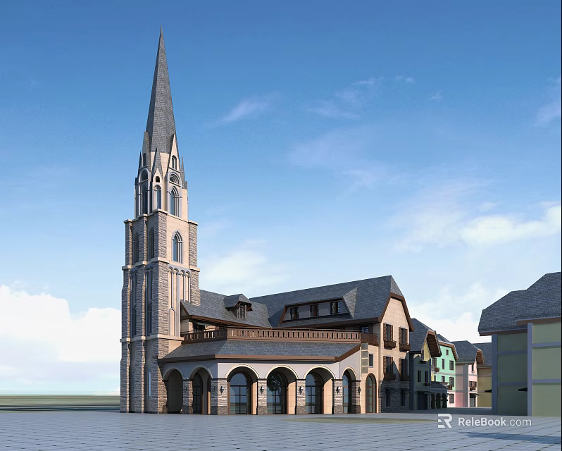 Charming Commercial Street With Spire Tower And Diverse Architecture Buildings 3d model 