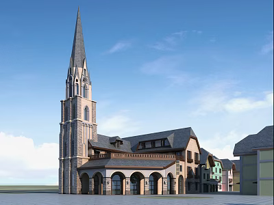 Charming Commercial Street With Spire Tower And Diverse Architecture Buildings 3d model