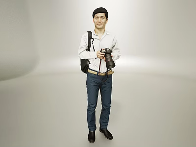 Man wearing black cap and white shirt holding camera with black backpack in gray background 3d model