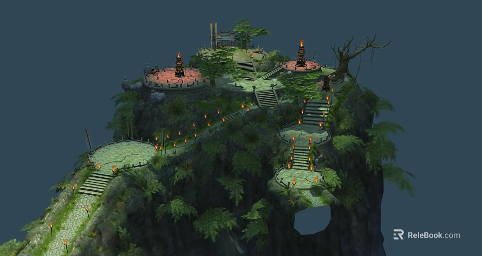 Mountain Cliff Scenic View With Stone Steps Pathways Torch Lamps And Green Trees 3d model 