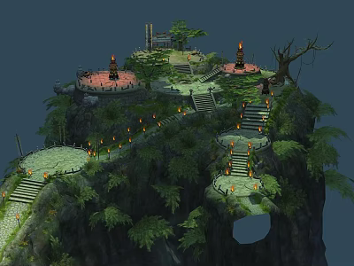Mountain Cliff Scenic View With Stone Steps Pathways Torch Lamps And Green Trees 3d model