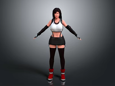 3D Model Woman with White Tank Top Black Skirt Red High Top Shoes Arms Outstretched 3d model