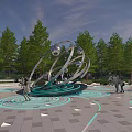 Metal Sculpture With Spherical Rings In Plaza Blue Ground Patterns And People Near Green Trees