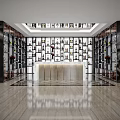 Luxurious Store Entrance With Black Gold Accents Marble Columns Wine Rack Wall Lamps