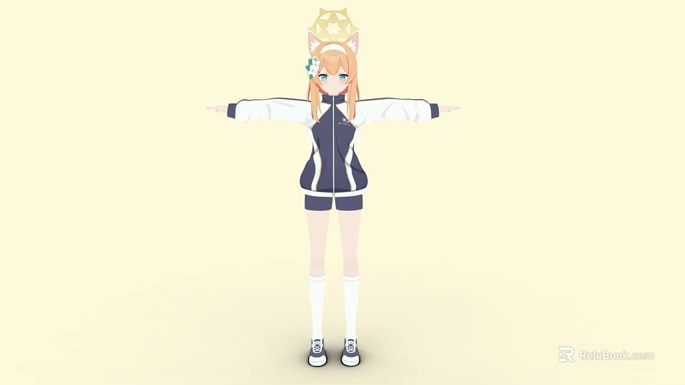 Anime Girl With Orange Hair Crown Blue And White Tracksuit Shorts White Socks Sneakers 3d model 