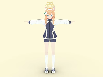 Anime Girl With Orange Hair Crown Blue And White Tracksuit Shorts White Socks Sneakers 3d model