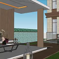 Modern Outdoor Courtyard Garden Design With Marble Ceiling Curtains Glass Railing And Comfortable Sofa