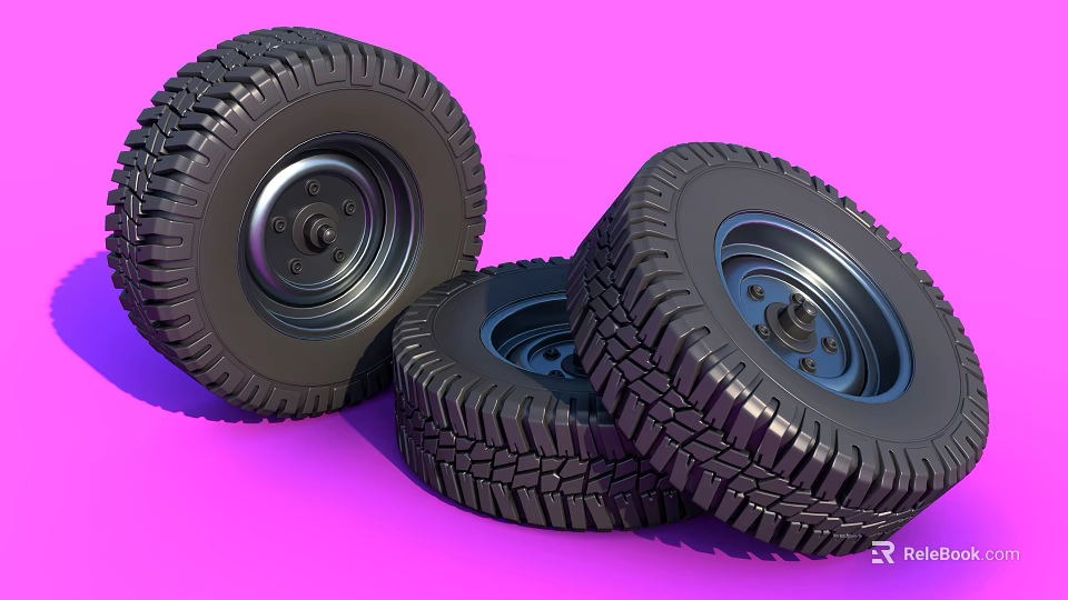 Three Off Road Tires With Deep Tread And Black Rims On Pink Background 3d model 