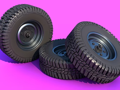 Three Off Road Tires With Deep Tread And Black Rims On Pink Background 3d model