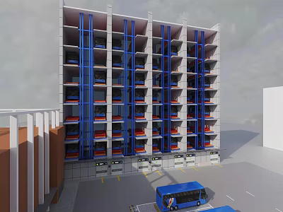 Modern Multi Level Parking Structure With Blue Facade Parking Spaces And Bus 3d model