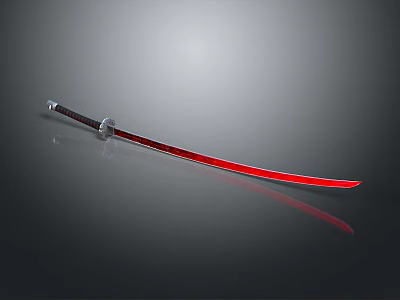 Red Blade Samurai Sword With Black Handle And Metal Guard On Gray Reflective Surface 3d model