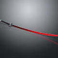 Red Blade Samurai Sword With Black Handle And Metal Guard On Gray Reflective Surface