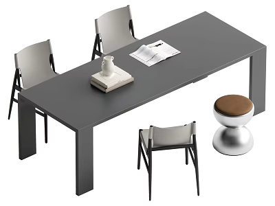 Gray Dining Table Set With Four Gray Chairs Vase Books And Brown Cushioned Silver Stool 3d model