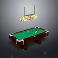 Billiard Table Setup With Colorful Balls Cues And Hanging Light Fixture