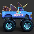 Blue Monster Truck with Large Tires Horns Sharp Teeth and Monster Text