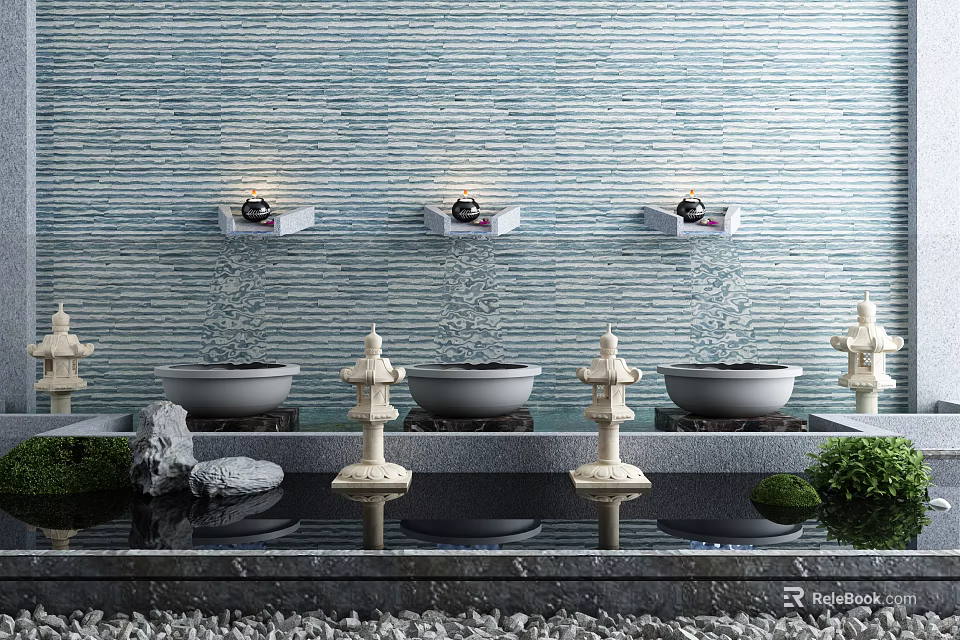 Elegant Garden Ornaments With Water Basins Stone Lanterns Pebble Ground And Greenery 3d model 
