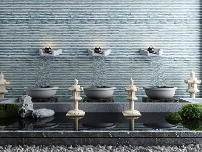 Elegant Garden Ornaments With Water Basins Stone Lanterns Pebble Ground And Greenery 3d model