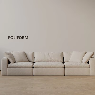 POLIFORM Beige Fabric Three-Seater Sofa With Cushions Against Light Wall On Wooden Floor 3d model