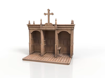 Wooden Religious Altar With Cross Carved Arch Structure And Intricate Details 3d model