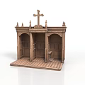 Wooden Religious Altar With Cross Carved Arch Structure And Intricate Details